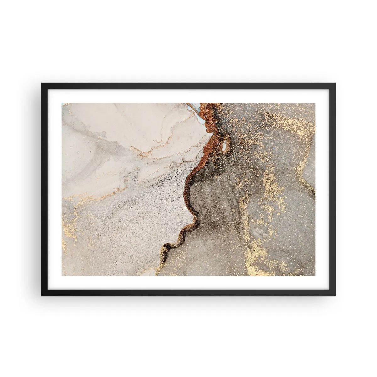 Poster in einem schwarzem Rahmen - Abstraktes Motiv mit Gold- und Grautönen - 70x50cm - An der Grenze der Farben - Moderne Wanddekoration für Wohnzimmer und Schlafzimmer ARTTOR