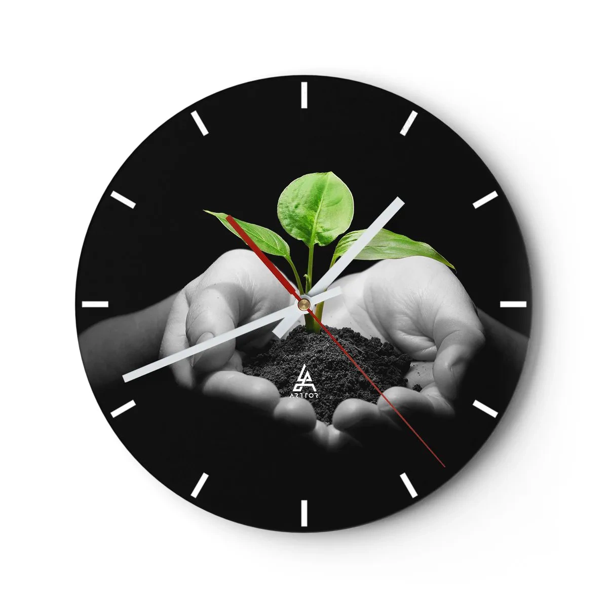 Wanduhr - Glasuhr - Ein grüner Spross in den Händen auf schwarzem Hintergrund - 30x30cm - Ich liebe die Natur, ich beschütze sie - Moderne Wanddekoration für Wohnzimmer, Küche und Schlafzimmer ARTTOR