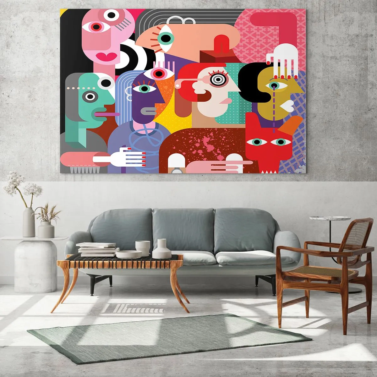 Glasbild - Bild auf glas - Abstrakte Komposition von Gesichtern in lebendigen Farben - 70x50cm - Wir sind von Herrn Picasso - Moderne Wanddekoration für Wohnzimmer und Schlafzimmer ARTTOR