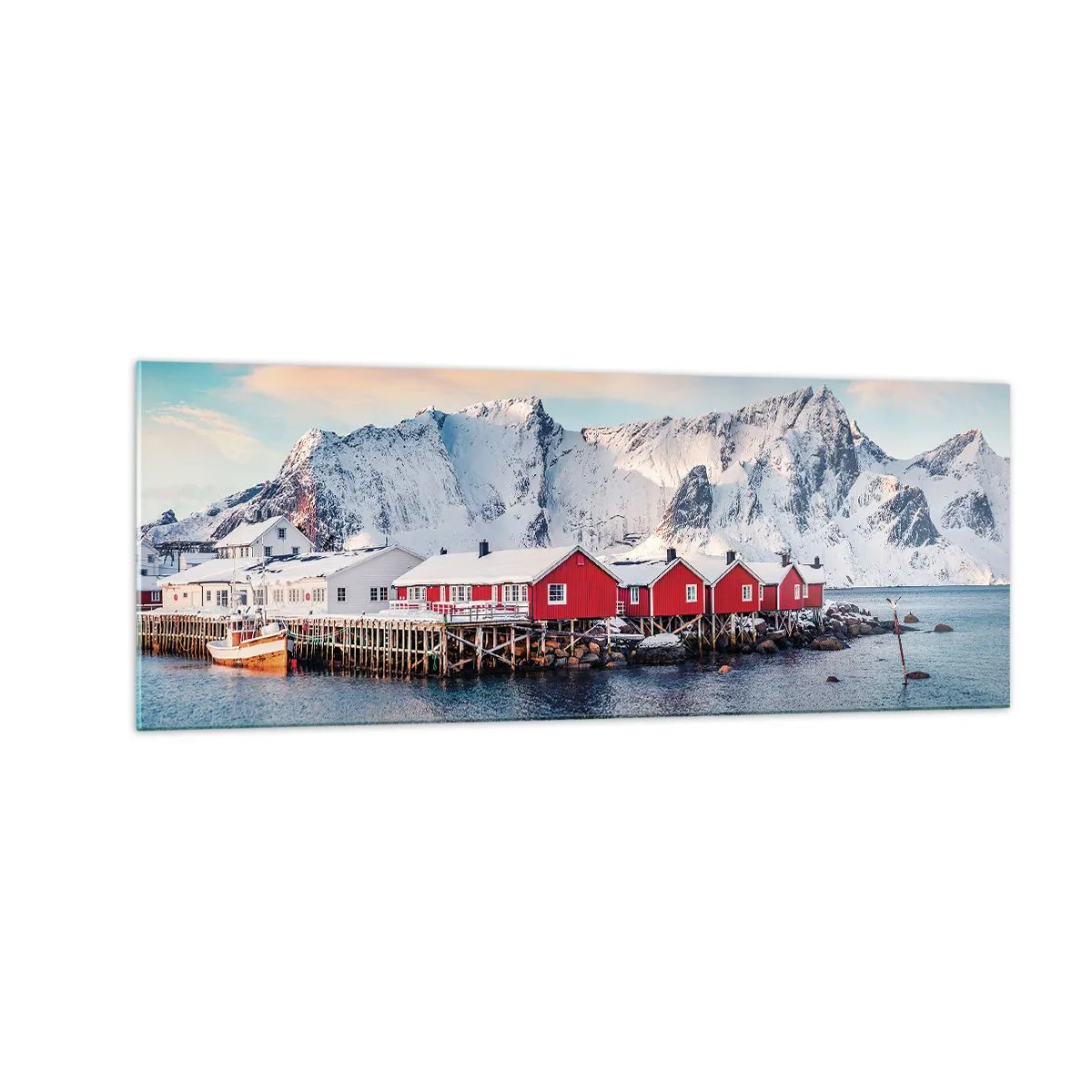 Glasbild - Bild auf glas - Rote Häuser vor dem Hintergrund schneebedeckter Berge und des blauen Meeres - 140x50cm - Nördlicher Rückzug - Moderne Wanddekoration für Wohnzimmer und Schlafzimmer ARTTOR