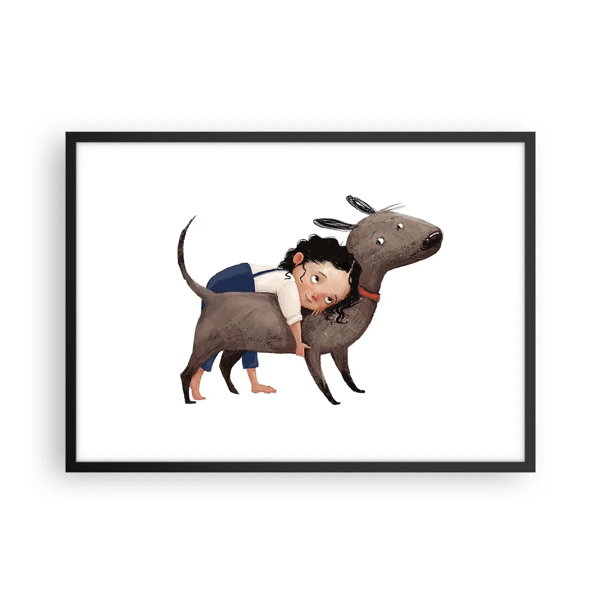 Poster in einem schwarzem Rahmen - Cartoonartige Illustration eines Kindes, das einen Hund umarmt - 70x50cm - Beste Freunde - Moderne Wanddekoration für Wohnzimmer und Schlafzimmer ARTTOR