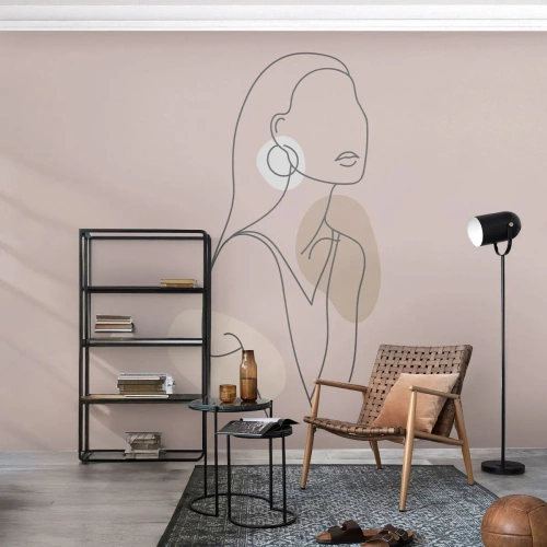 Fototapete Premium Canvas - Minimalistische Illustration einer Frau mit Umrissen auf beigem Hintergrund - 100x70cm - Mädchenhafte Ikone - Moderne Wanddekoration für Wohnzimmer und Schlafzimmer ARTTOR