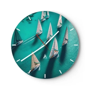 Wanduhr - Glasuhr - Segelyachten auf türkisfarbenem Wasser in dynamischer Anordnung - 30x30cm - Im Wettbewerb mit dem Wind - Moderne Wanddekoration für Wohnzimmer, Küche und Schlafzimmer ARTTOR