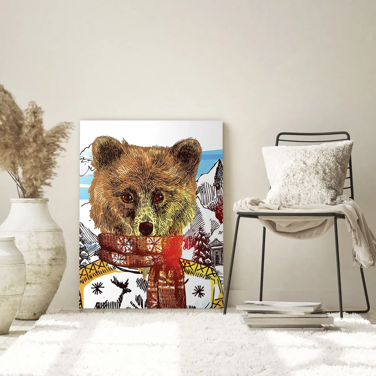 Glasbild - Bild auf glas - Ein Bär in Pullover und Schal mit Bergen und einem Haus im Hintergrund. - 50x70cm - Die Bärenhütte - Moderne Wanddekoration für Wohnzimmer und Schlafzimmer ARTTOR