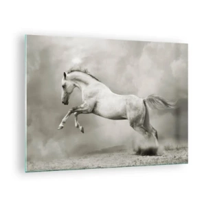 Glasbild - Bild auf glas - Ein weißes Pferd springt gegen die Wolken - 70x50cm - Zwischen Aufwachen und Schlafen - Moderne Wanddekoration für Wohnzimmer und Schlafzimmer ARTTOR