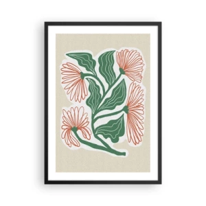 Poster in einem schwarzem Rahmen - Abstraktes Blumen- und Blattmotiv auf beigem Hintergrund - 50x70cm - Im Folkstil und modern - Moderne Wanddekoration für Wohnzimmer und Schlafzimmer ARTTOR