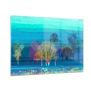 Glasbild - Bild auf glas - Eine farbenfrohe Landschaft mit Bäumen vor einem Hintergrund in Blautönen - 100x70cm - Eine gekämmte Landschaft - Moderne Wanddekoration für Wohnzimmer und Schlafzimmer ARTTOR