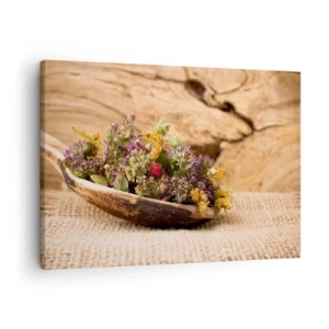 Bild auf Leinwand - Leinwandbild - Getrocknete Kräuter in einem Holzlöffel auf natürlichem Holzhintergrund - 70x50cm - Bunte Blumen und duftende Kräuter - Moderne Wanddekoration für Wohnzimmer und Schlafzimmer ARTTOR