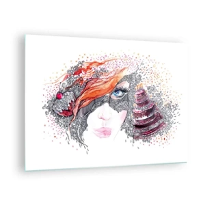 Glasbild - Bild auf glas - Frauenportrait mit dynamischen Mustern und roten Akzenten - 70x50cm - Bei ihr ist jeden Tag Feiertag - Moderne Wanddekoration für Wohnzimmer und Schlafzimmer ARTTOR