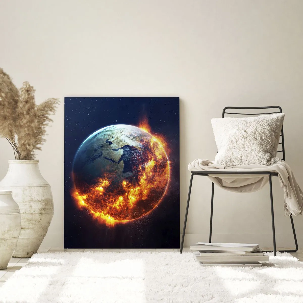 Glasbild - Bild auf glas - Der Planet Erde brennt im Weltraum - 80x120cm - Die Flamme der Apokalypse - Moderne Wanddekoration für Wohnzimmer und Schlafzimmer ARTTOR