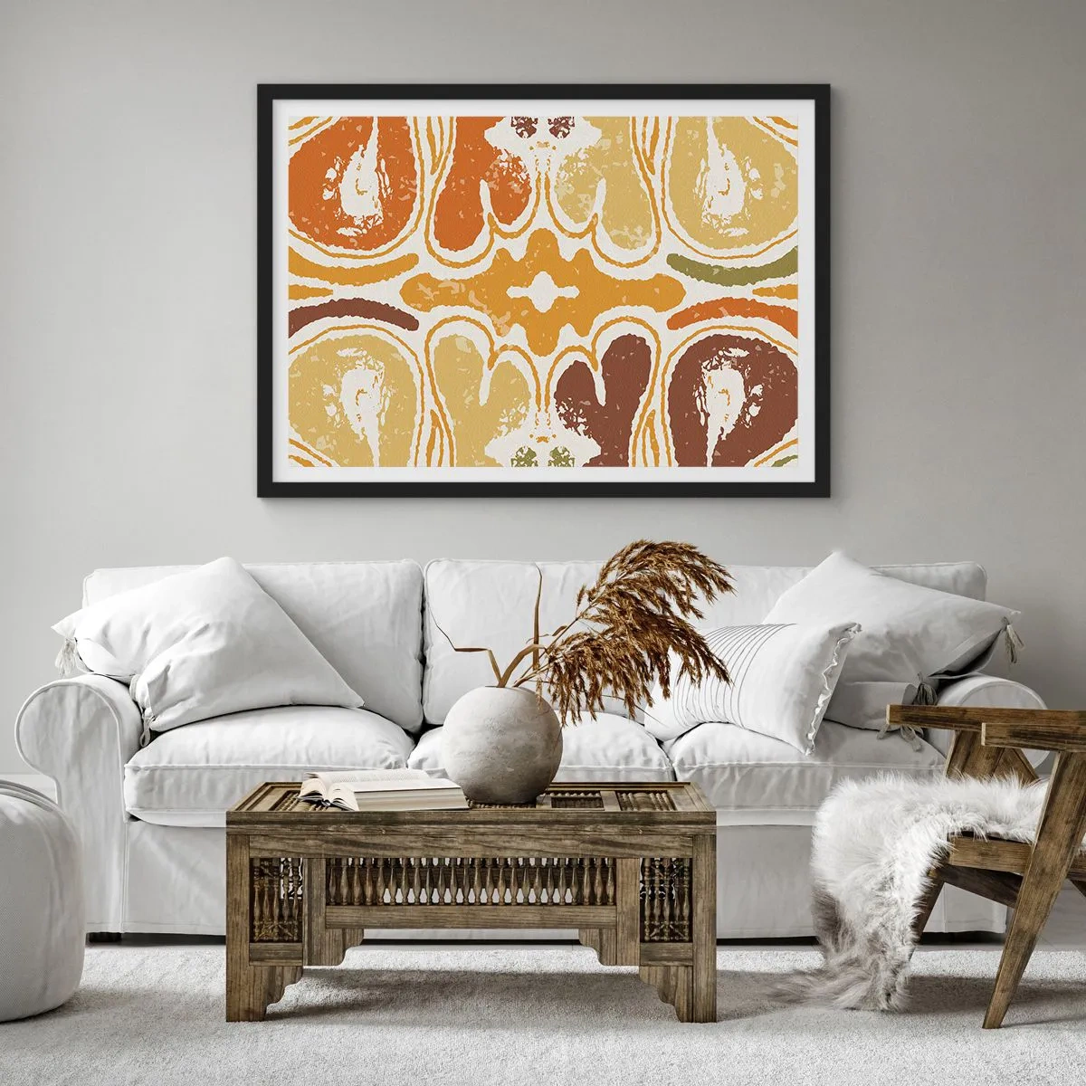 Poster in einem schwarzem Rahmen - Warme abstrakte Muster in Gelb- und Brauntönen - 70x50cm - Sentimentale Abstraktion - Moderne Wanddekoration für Wohnzimmer und Schlafzimmer ARTTOR