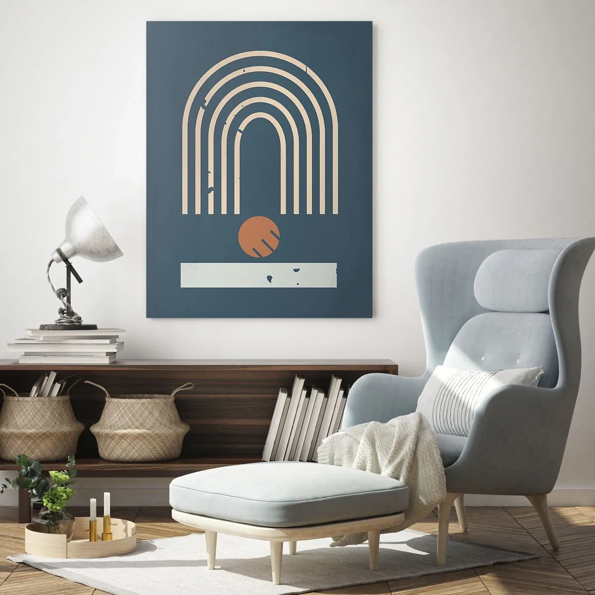 Glasbild - Bild auf glas - Geometrische Retro-Komposition auf dunklem Hintergrund - 50x70cm - Geometrie auf dem Granatapfel - Moderne Wanddekoration für Wohnzimmer und Schlafzimmer ARTTOR