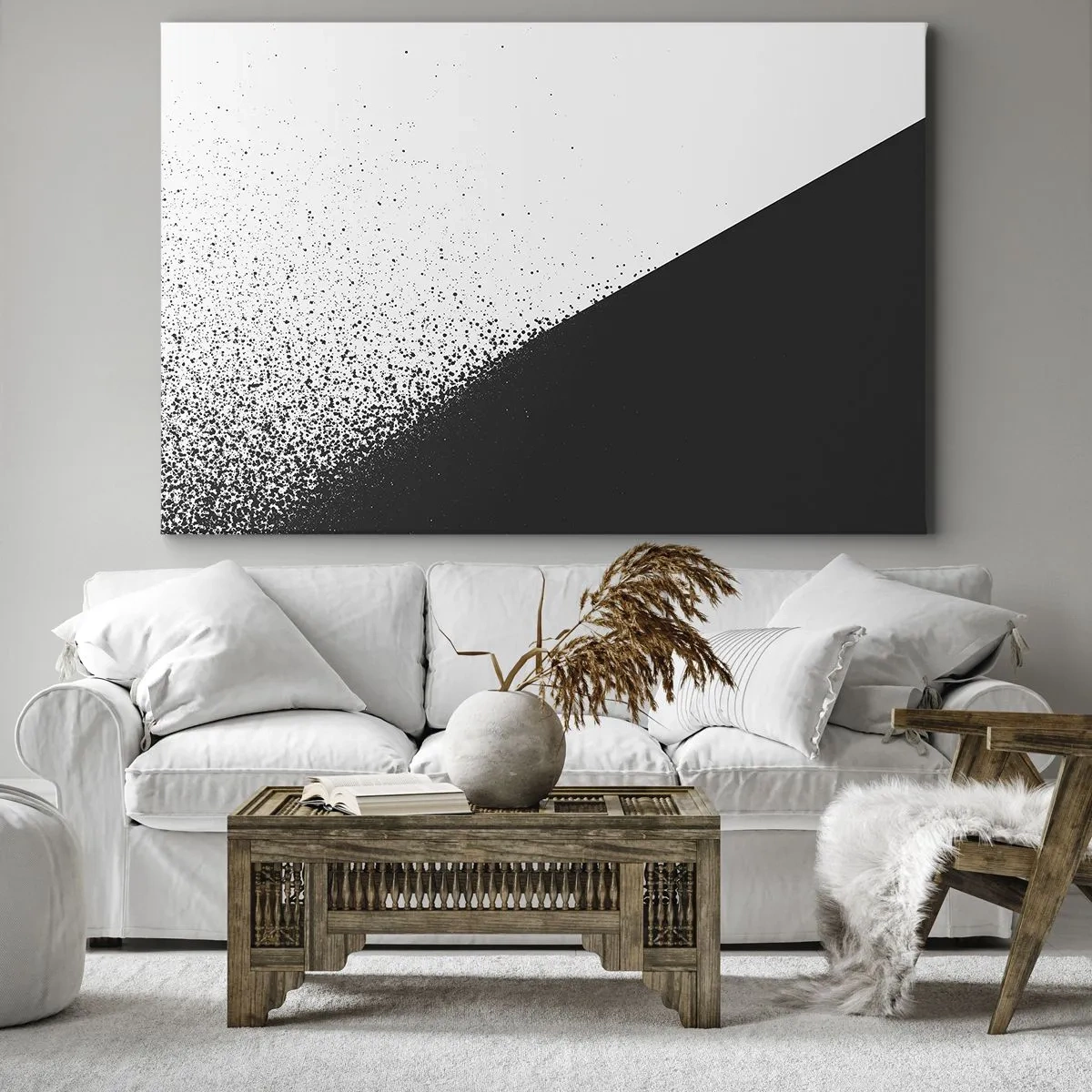 Bild auf Leinwand - Leinwandbild - Minimalistische Abstraktion in Schwarz und Weiß mit verstreuten Punkten - 120x80cm - Immer schneller, immer mehr - Moderne Wanddekoration für Wohnzimmer und Schlafzimmer ARTTOR