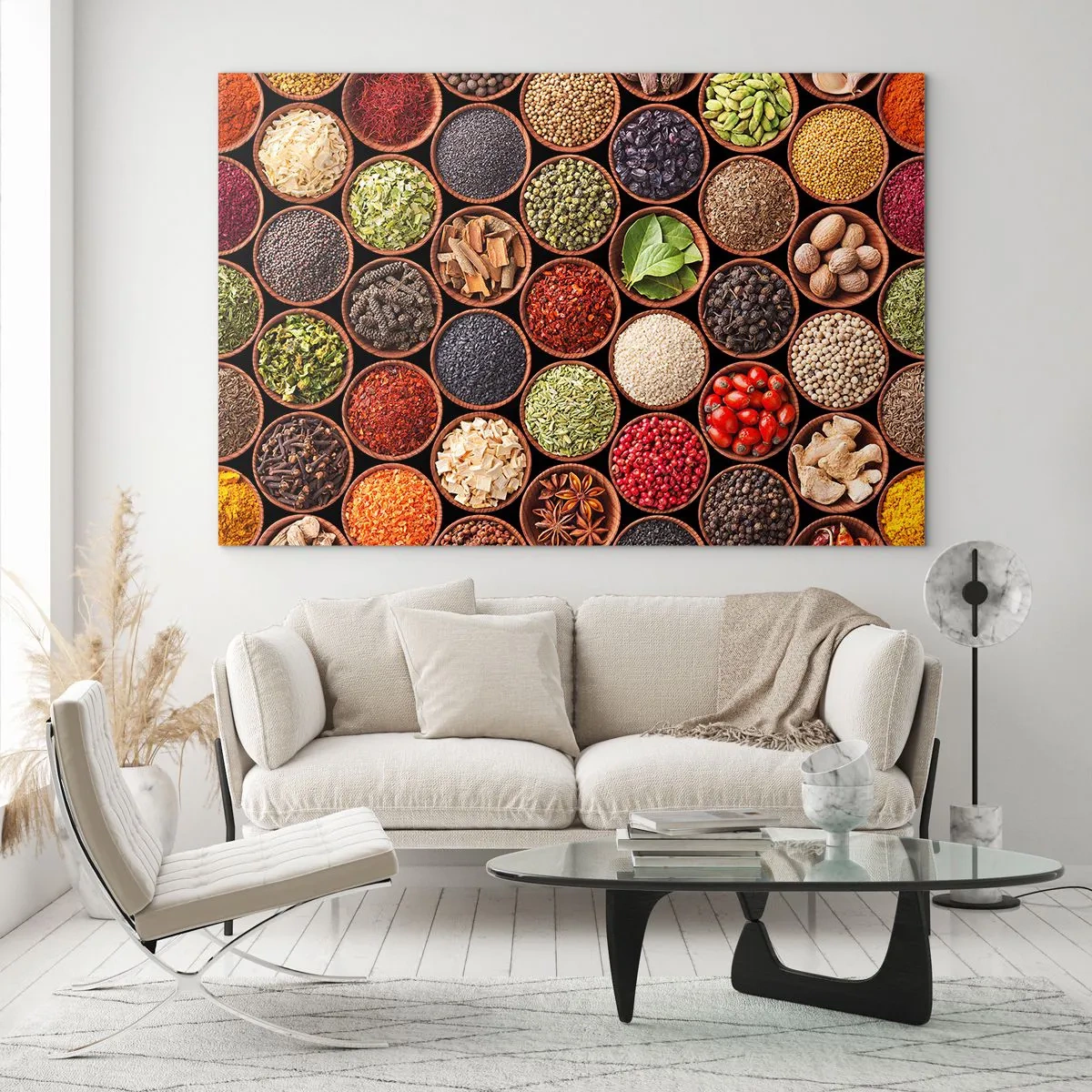 Glasbild - Bild auf glas - Eine Komposition aus verschiedenen Gewürzen in Holzschalen - 120x80cm - Alle Aromen der Welt - Moderne Wanddekoration für Wohnzimmer und Schlafzimmer ARTTOR