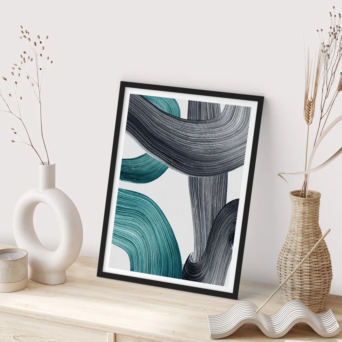 Poster in einem schwarzem Rahmen - Smaragdgrüne und schwarze Pfade - 40x50 cm