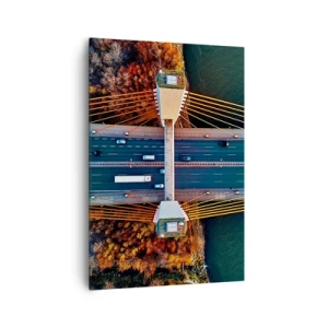 Bild auf Leinwand - Leinwandbild - Luftaufnahme der Brücke über den Fluss und der Herbstlandschaft - 70x100cm - Jenseits der Gewässer, jenseits der Wälder - Moderne Wanddekoration für Wohnzimmer und Schlafzimmer ARTTOR
