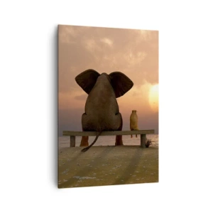 Bild auf Leinwand - Leinwandbild - Ein Elefant und ein Hund sitzen während des Sonnenuntergangs auf einer Bank am Strand. - 70x100cm - Es tut gut zusammen zu schweigen - Moderne Wanddekoration für Wohnzimmer und Schlafzimmer ARTTOR