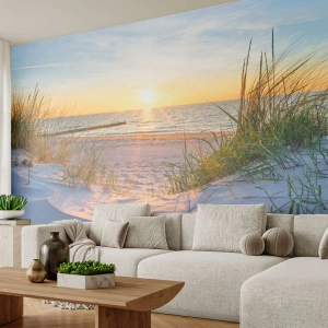 Fototapete Premium Sand - Sonnenuntergang über einem Sandstrand mit Dünen - 100x70cm - Das Rauschen des Meeres, der Gesang der Vögel, ein wilder Strand im Gras ... - Moderne Wanddekoration für Wohnzimmer und Schlafzimmer ARTTOR