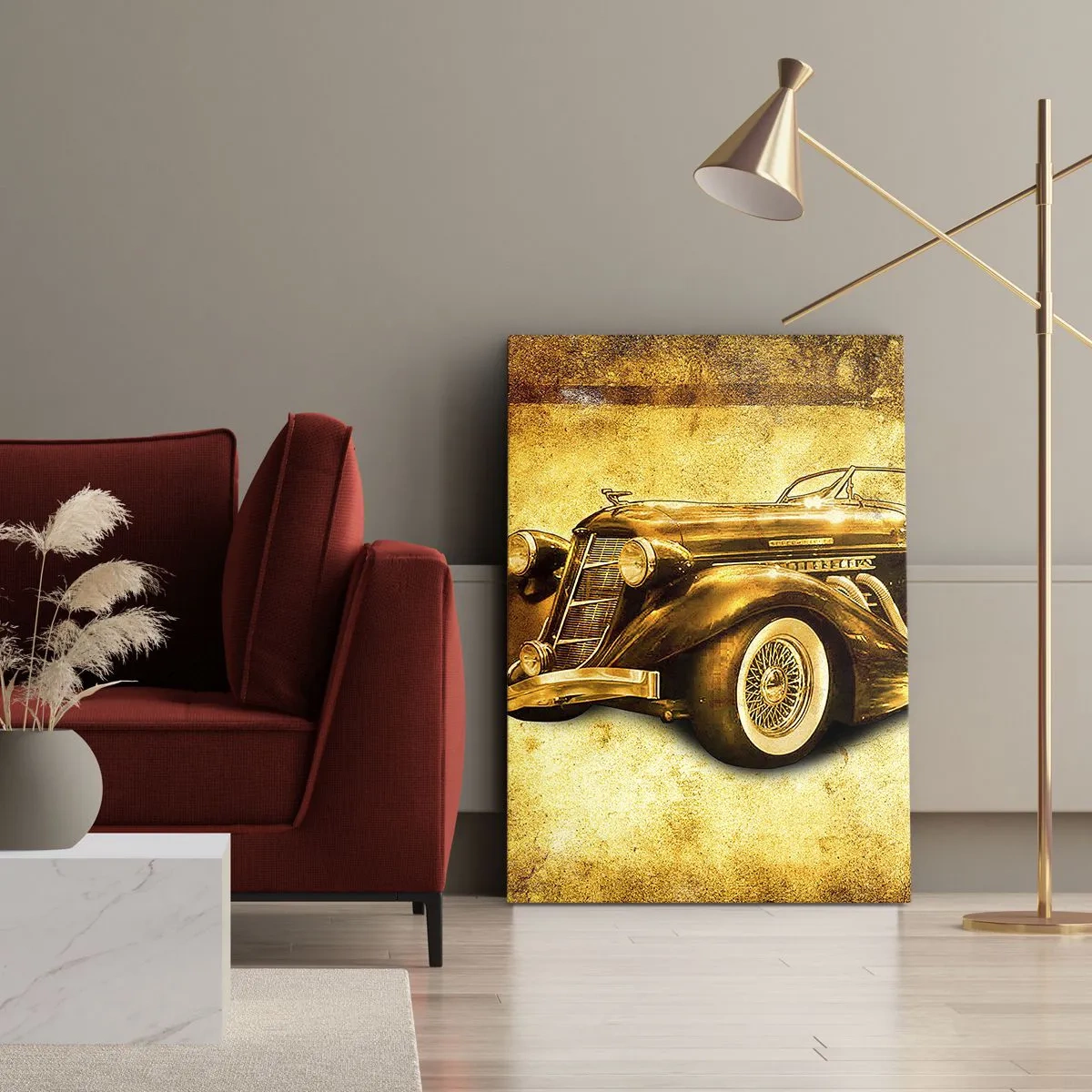 Bild auf Leinwand - Leinwandbild - Ein klassisches goldenes Retro-Cabrio vor einem Vintage-Hintergrund in warmen Farben. - 50x70cm - Elite der Elite - Moderne Wanddekoration für Wohnzimmer und Schlafzimmer ARTTOR