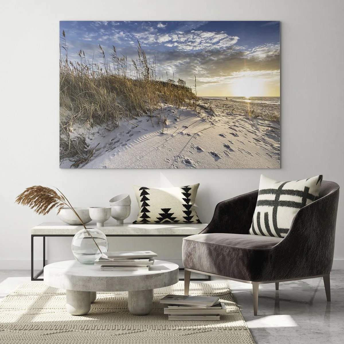 Glasbild - Bild auf glas - Sandstrand bei Sonnenuntergang mit Gräsern an der Düne - 120x80cm - Einladung zu einem Spaziergang - Moderne Wanddekoration für Wohnzimmer und Schlafzimmer ARTTOR