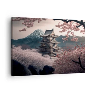 Bild auf Leinwand - Leinwandbild - Ein japanischer Tempel, umgeben von Kirschblüten und Bergen - 70x50cm - Land der Kirschblüten - Moderne Wanddekoration für Wohnzimmer und Schlafzimmer ARTTOR