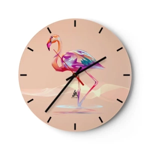 Wanduhr - Glasuhr - Flamingo mit geometrischem Muster auf beigem Hintergrund - 30x30cm - Der Vogel der guten Gefühle - Moderne Wanddekoration für Wohnzimmer, Küche und Schlafzimmer ARTTOR