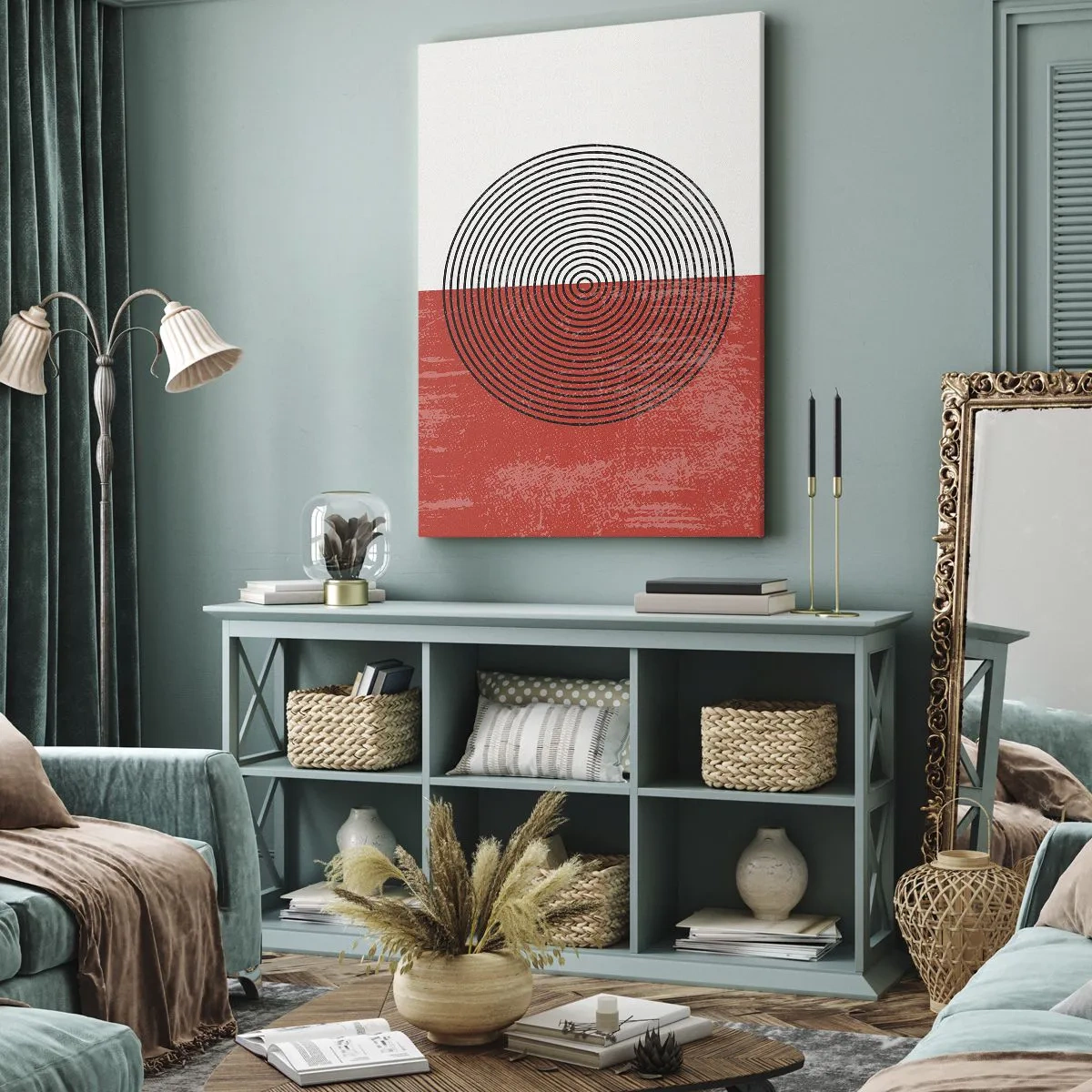 Bild auf Leinwand - Leinwandbild - Geometrisches Muster mit konzentrischen Kreisen auf rot-weißem Hintergrund - 50x70cm - Auf den Punkt gebracht - Moderne Wanddekoration für Wohnzimmer und Schlafzimmer ARTTOR