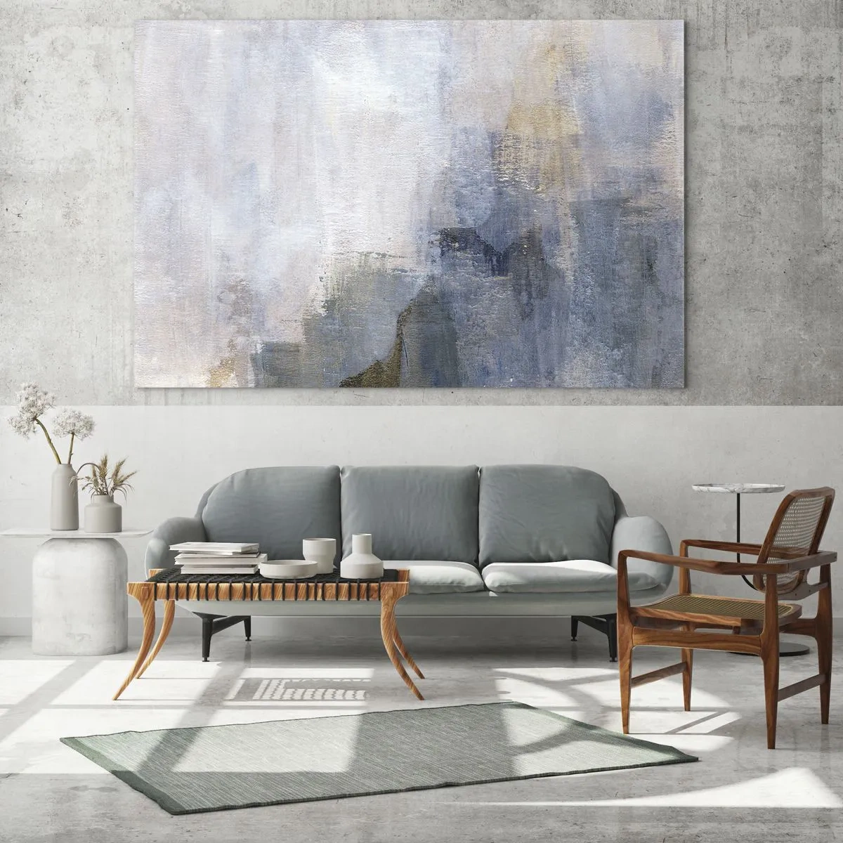 Glasbild - Bild auf glas - Eine abstrakte Komposition in kühlen Blau- und Beigetönen. - 120x80cm - Farbtöne und Akkorde - Moderne Wanddekoration für Wohnzimmer und Schlafzimmer ARTTOR