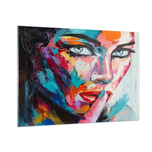 Glasbild - Bild auf glas - Farbenfrohes Porträt einer Frau im abstrakten Stil - 100x70cm - Unser erstes Geheimnis - Moderne Wanddekoration für Wohnzimmer und Schlafzimmer ARTTOR