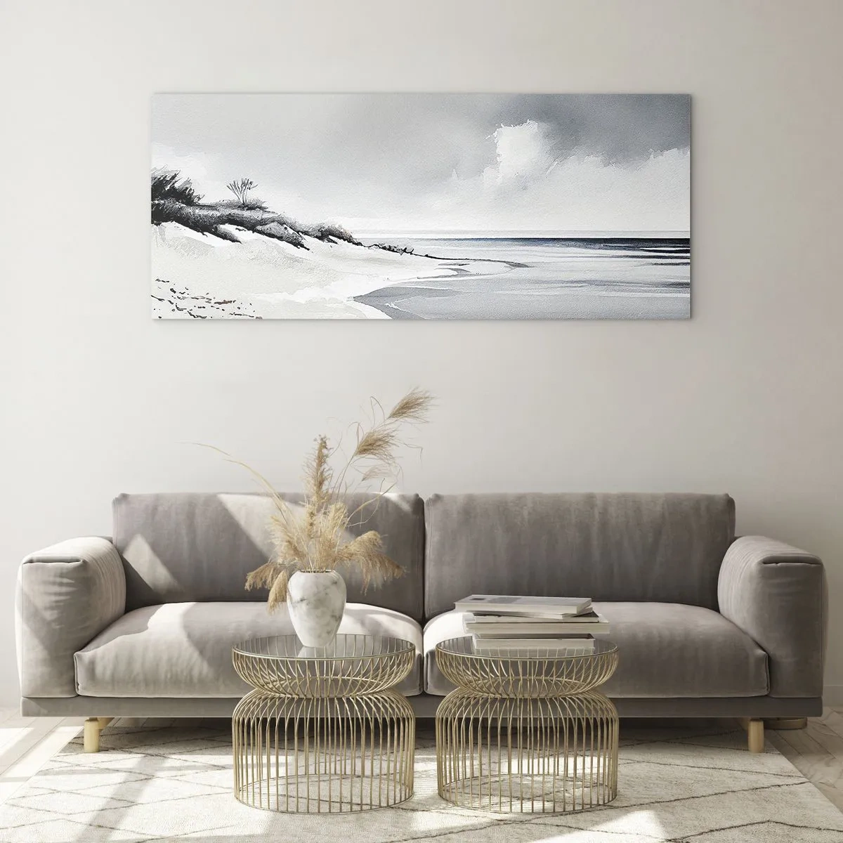 Glasbild - Bild auf glas - Ein Strand in gedämpften Grau- und Blautönen - 140x50cm - Für immer zusammen - Moderne Wanddekoration für Wohnzimmer und Schlafzimmer ARTTOR