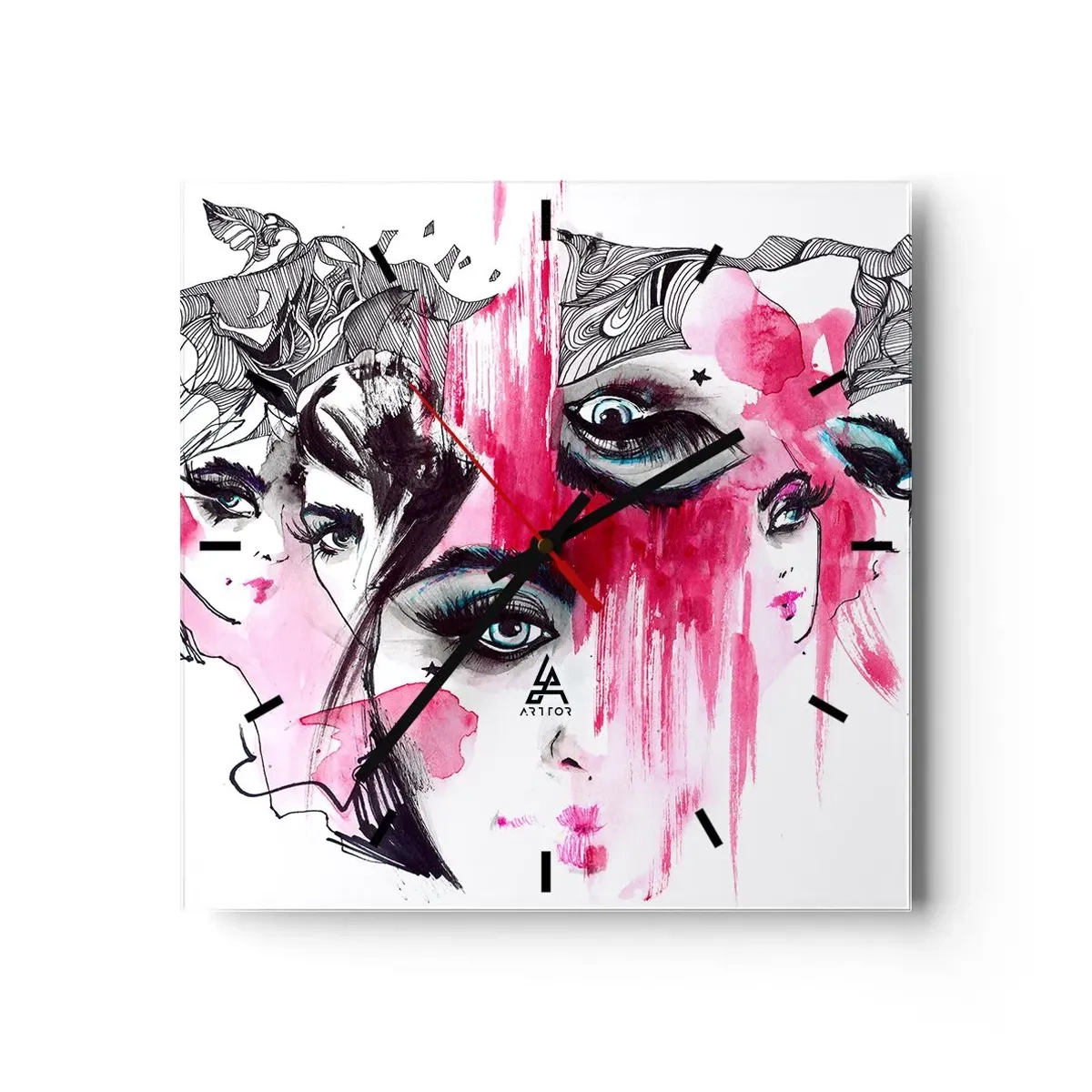 Wanduhr - Glasuhr - Abstraktes Gesicht in Rosa- und Schwarztönen - 30x30cm - Abstrakte Augen - Moderne Wanddekoration für Wohnzimmer und Schlafzimmer ARTTOR
