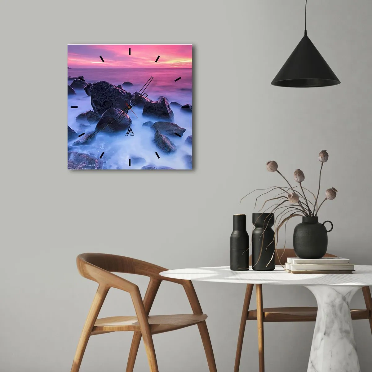 Wanduhr - Glasuhr - Felsige Küste bei Sonnenuntergang - 30x30cm - Geburt bei Licht und Nebel - Moderne Wanddekoration für Wohnzimmer und Schlafzimmer ARTTOR
