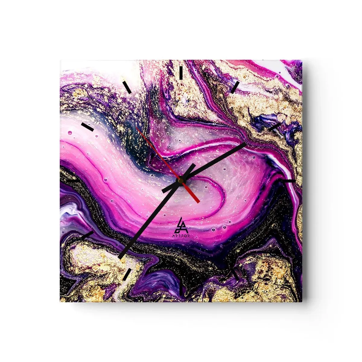 Wanduhr - Glasuhr - Abstrakte Wellen in Lila- und Goldtönen - 30x30cm - Ein Moment hinter den Kulissen - Moderne Wanddekoration für Wohnzimmer und Schlafzimmer ARTTOR
