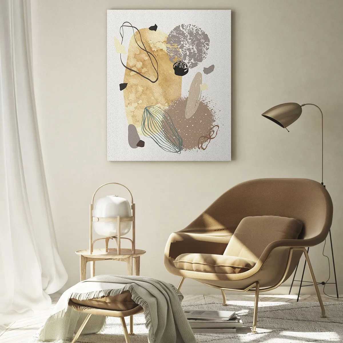 Glasbild - Bild auf glas - Eine Komposition aus abstrakten Formen in Beige und Gelb. - 70x100cm - Angewandte Plumkologie - Moderne Wanddekoration für Wohnzimmer und Schlafzimmer ARTTOR