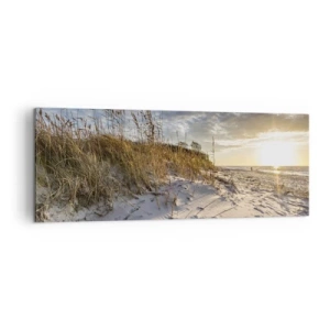 Bild auf Leinwand - Leinwandbild - Dünen mit Gras und Fußspuren im Sand bei Sonnenuntergang - 140x50cm - Einladung zu einem Spaziergang - Moderne Wanddekoration für Wohnzimmer und Schlafzimmer ARTTOR