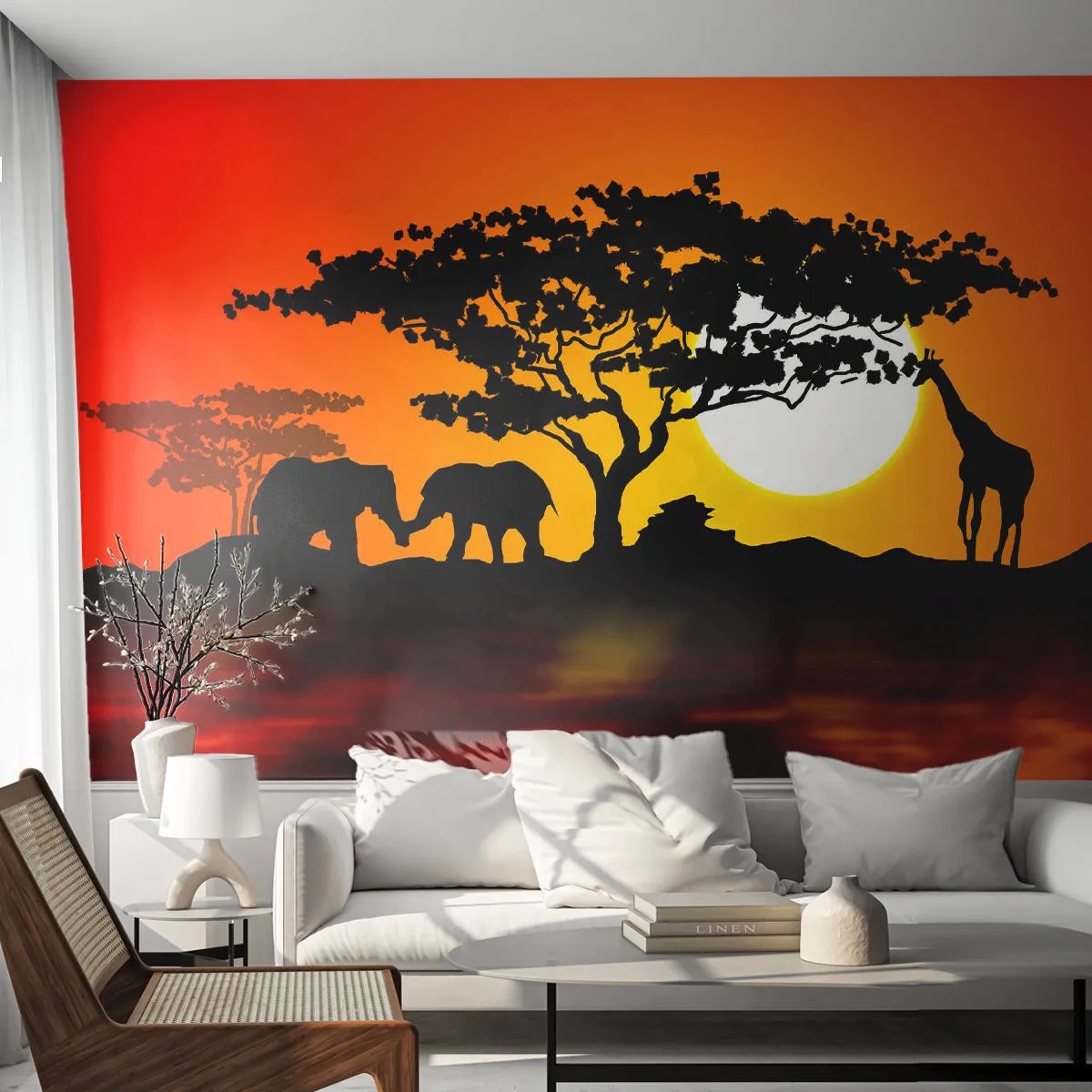Fototapete Premium Canvas - Treffen in der Savanne - Tiere, Afrika, Giraffe - 250x175 cm