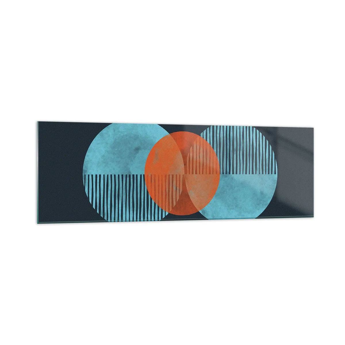 Glasbild - Bild auf glas - Geometrische Kreise in Blau- und Orangetönen - 160x50cm - Symmetrische Komposition - Moderne Wanddekoration für Wohnzimmer und Schlafzimmer ARTTOR