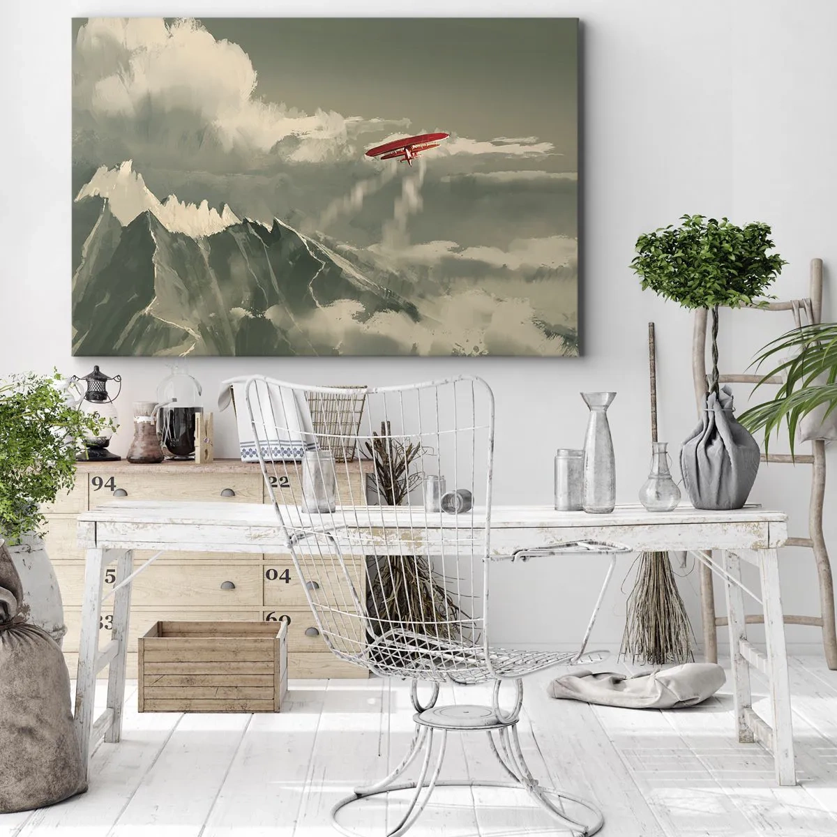 Bild auf Leinwand - Leinwandbild - Rotes Flugzeug über schneebedeckten Bergen - 100x70cm - Furchtloser Pionier - Moderne Wanddekoration für Wohnzimmer und Schlafzimmer ARTTOR
