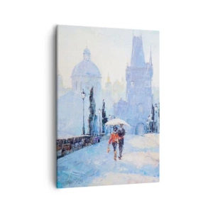 Bild auf Leinwand - Leinwandbild - Romantisches Paar auf einer Brücke im Regen, eine malerische Szene - 50x70cm - Der Regen muss uns verzaubert haben - Moderne Wanddekoration für Wohnzimmer und Schlafzimmer ARTTOR