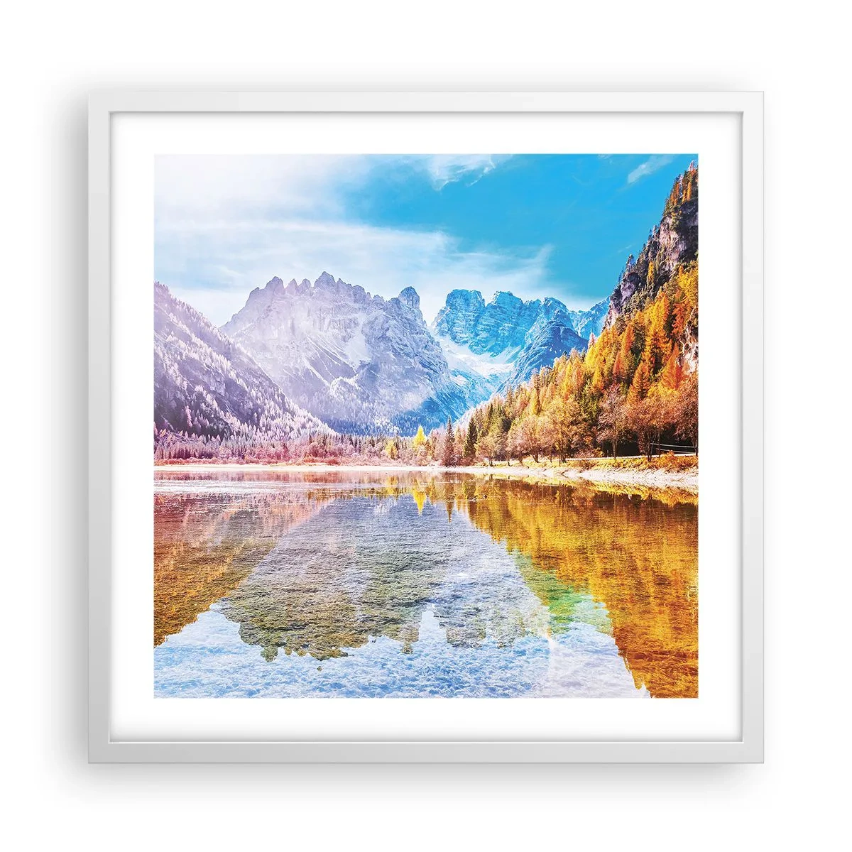 Poster in einem weißen Rahmen - Und in den Bergen ist es schon Herbst - 50x50 cm
