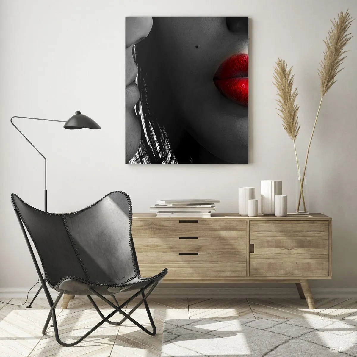 Glasbild - Bild auf glas - Nahaufnahme der Gesichter einer Frau und eines Mannes mit roten Lippen. - 80x120cm - Gesicht am Gesicht - Moderne Wanddekoration für Wohnzimmer und Schlafzimmer ARTTOR