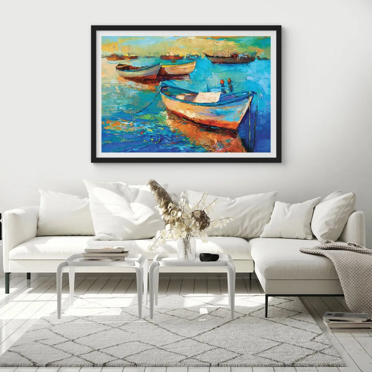 Poster in einem schwarzem Rahmen - Bunte Boote vertäut auf ruhigem Wasser - 100x70cm - In der südlichen Bucht - Moderne Wanddekoration für Wohnzimmer und Schlafzimmer ARTTOR