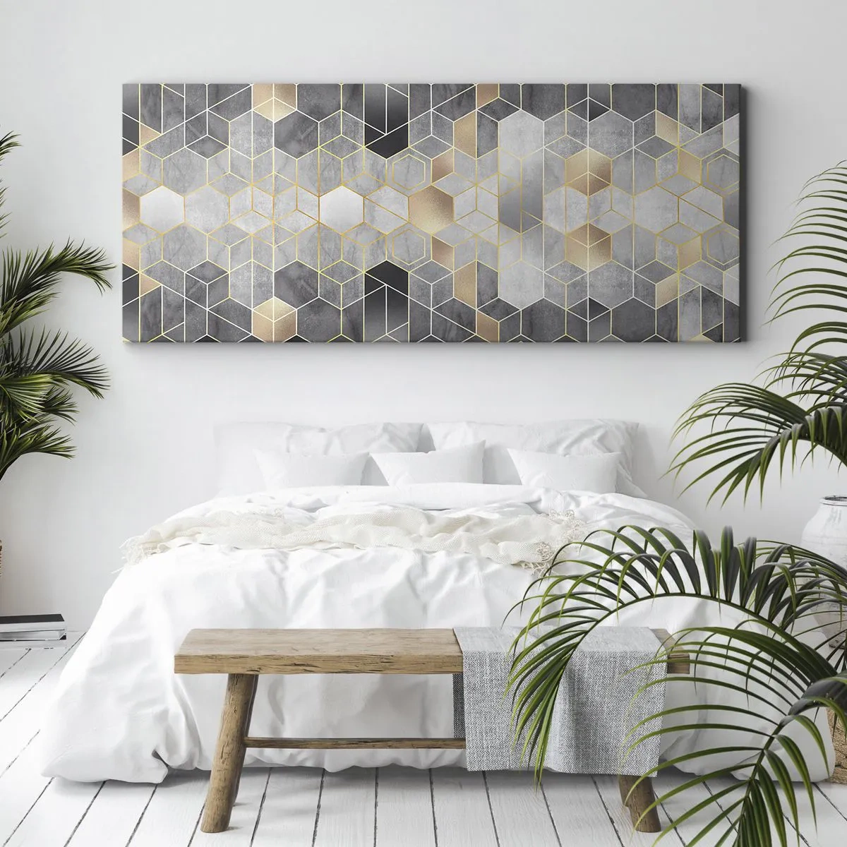 Bild auf Leinwand - Leinwandbild - Geometrisches Muster in goldenen Farbtönen - 120x50cm - Diamant-Komposition - Moderne Wanddekoration für Wohnzimmer und Schlafzimmer ARTTOR