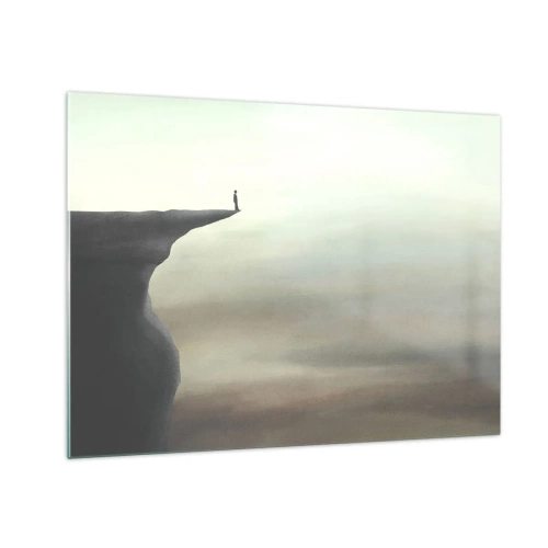 Glasbild - Bild auf glas - Silhouette einer Person, die am Rand einer Klippe über dem Nebel steht - 70x50cm - Nach oben, natürlich! - Moderne Wanddekoration für Wohnzimmer und Schlafzimmer ARTTOR