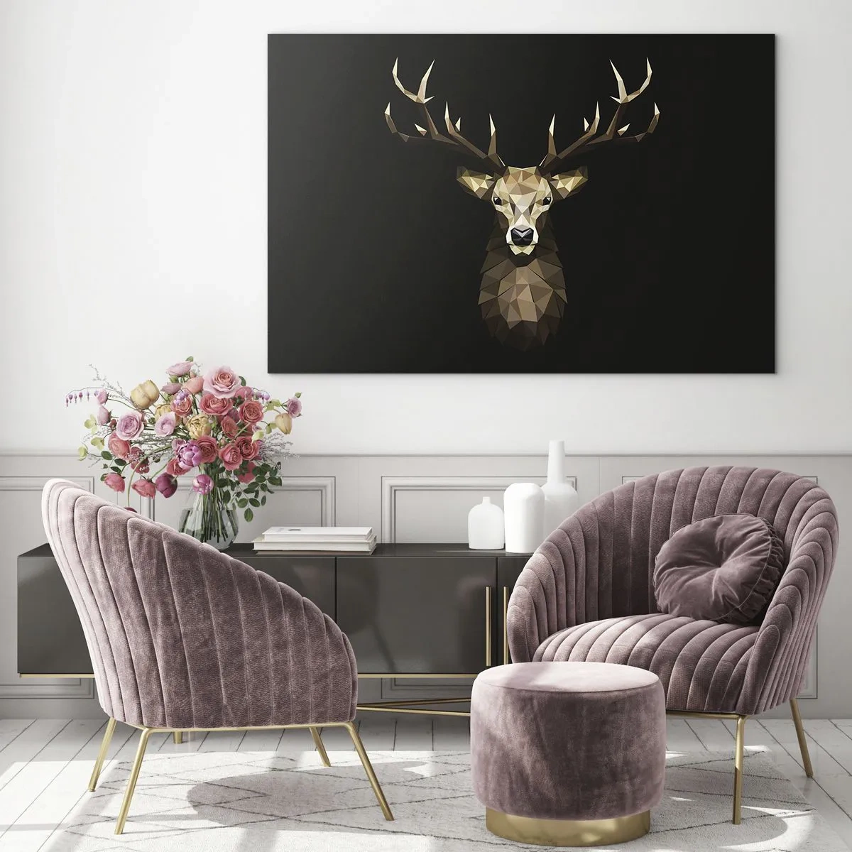 Glasbild - Bild auf glas - Geometrischer Hirsch auf schwarzem Hintergrund - 70x50cm - Kubistischer Hirsch - Moderne Wanddekoration für Wohnzimmer und Schlafzimmer ARTTOR