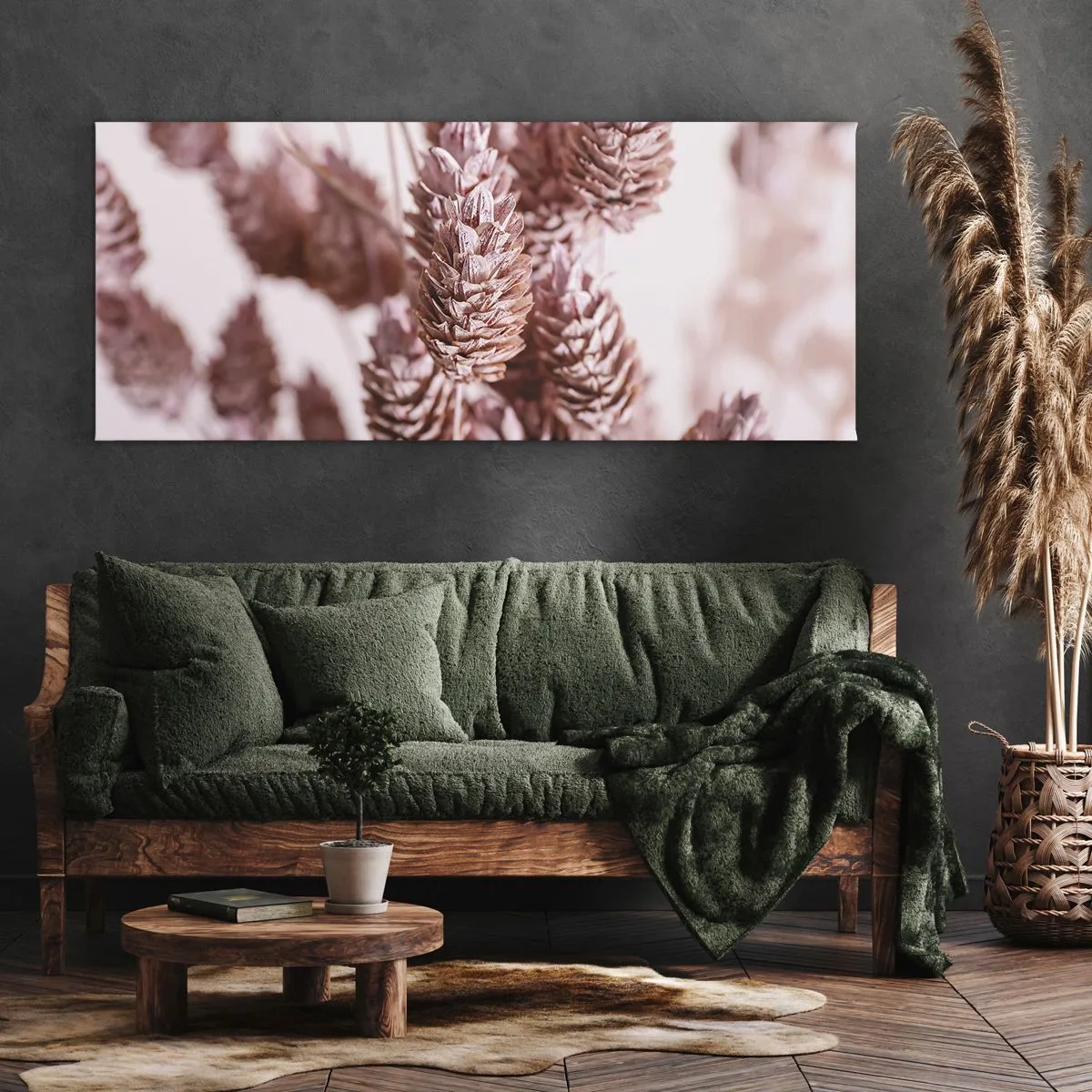 Bild auf Leinwand - Leinwandbild - Eine Nahaufnahme der zarten rosa Ähren von Ziergräsern - 120x50cm - Scheinbar unauffällig - Moderne Wanddekoration für Wohnzimmer und Schlafzimmer ARTTOR