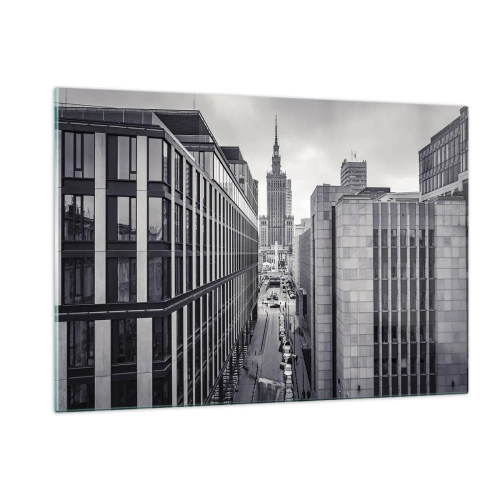 Glasbild - Bild auf glas - Schwarz-weiße Stadtansicht mit Wolkenkratzern und einer Straße - 120x80cm - Warschauer Tal - Moderne Wanddekoration für Wohnzimmer und Schlafzimmer ARTTOR