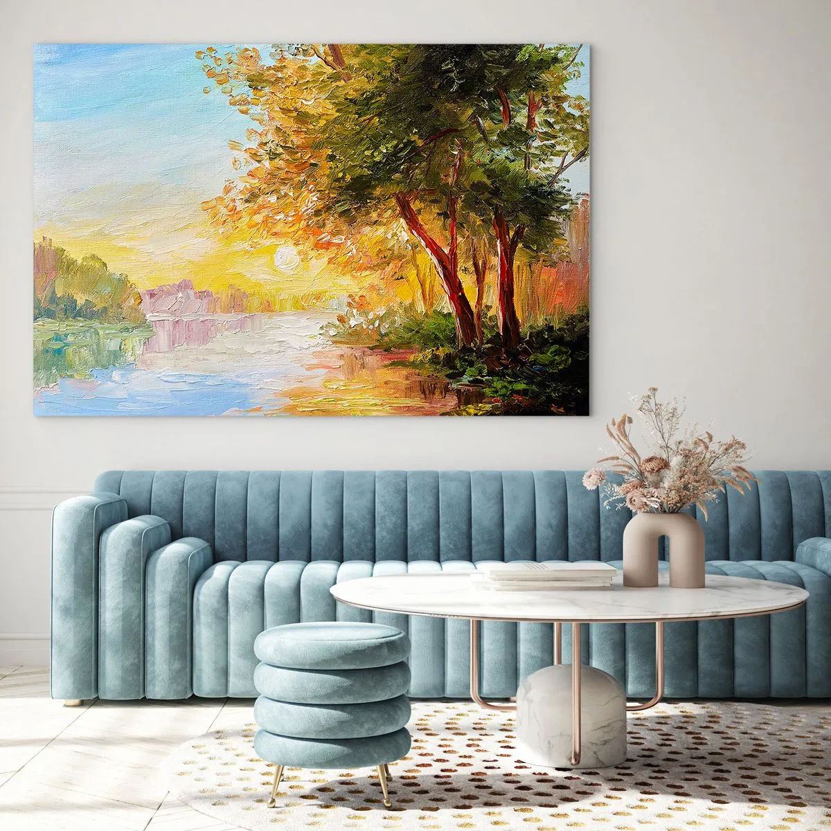 Glasbild - Bild auf glas - See mit Bäumen bei Sonnenuntergang - 70x50cm - Et in Arcadia ego - Moderne Wanddekoration für Wohnzimmer und Schlafzimmer ARTTOR
