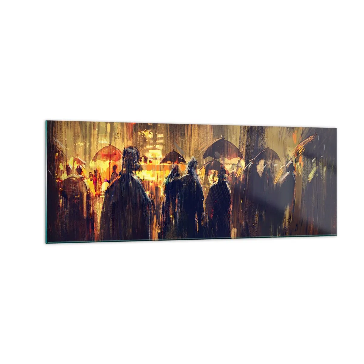 Glasbild - Bild auf glas - Figuren mit Regenschirmen in einer verregneten Stadt bei Nacht - 140x50cm - Anhänger des Regens - Moderne Wanddekoration für Wohnzimmer und Schlafzimmer ARTTOR