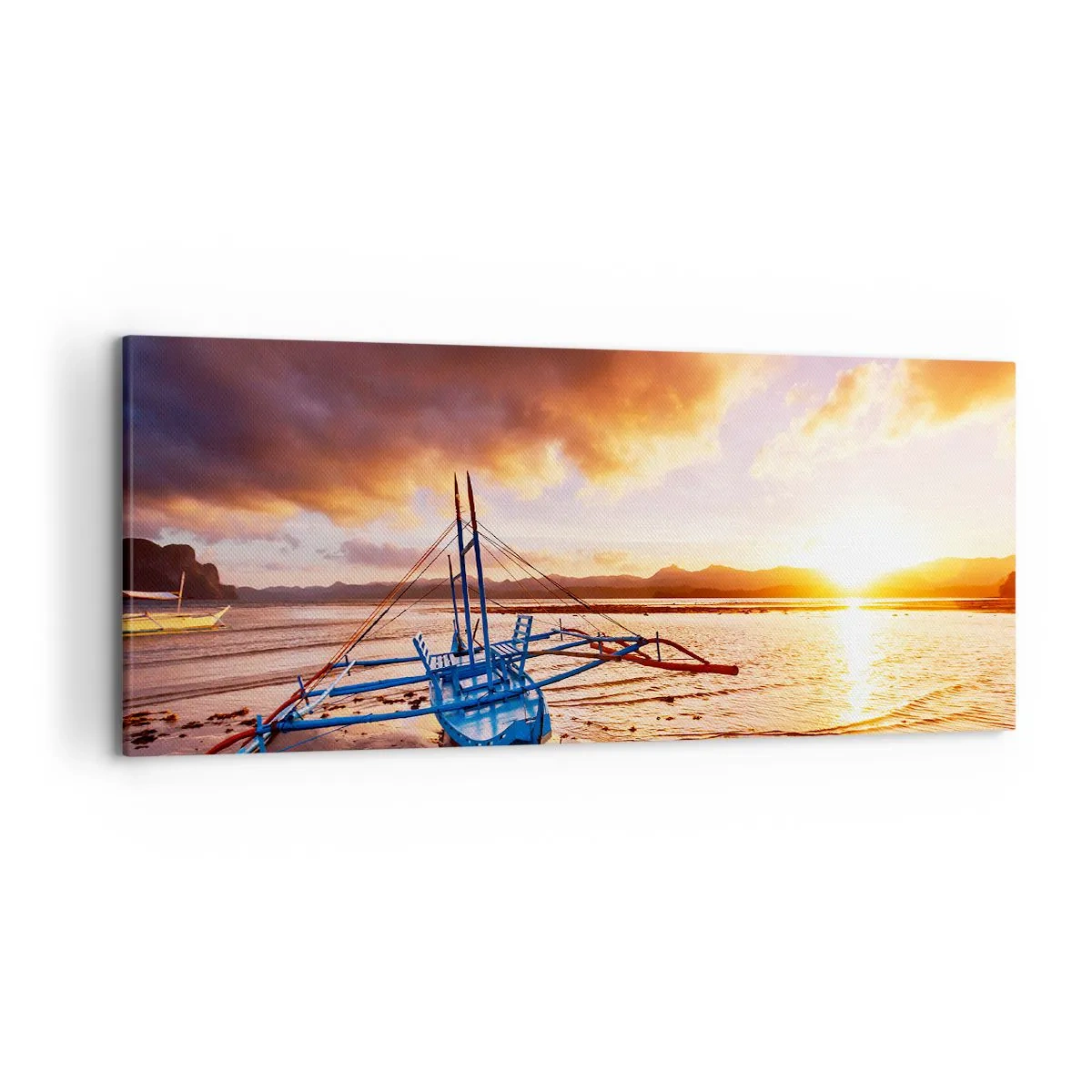 Bild auf Leinwand - Leinwandbild - Blaues Boot am Strand bei Sonnenuntergang - 120x50cm - Nach einem Tag sich im Sand ausstrecken - Moderne Wanddekoration für Wohnzimmer und Schlafzimmer ARTTOR